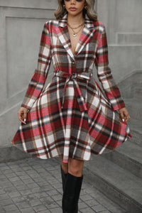 Plaid Tie Waist Long Sleeve Outerwear Dress