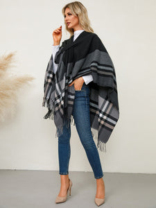 Fringe Contrast Plaid Poncho (multiple color options)