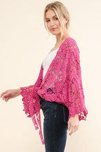 Load image into Gallery viewer, Beautiful You Fuchsia Crochet Front Tie Bell Sleeve Cardigan
