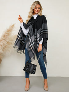 Fringe Contrast Plaid Poncho (multiple color options)