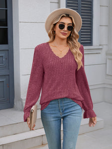 Lace Detail V-Neck Long Sleeve Top (multiple color options)