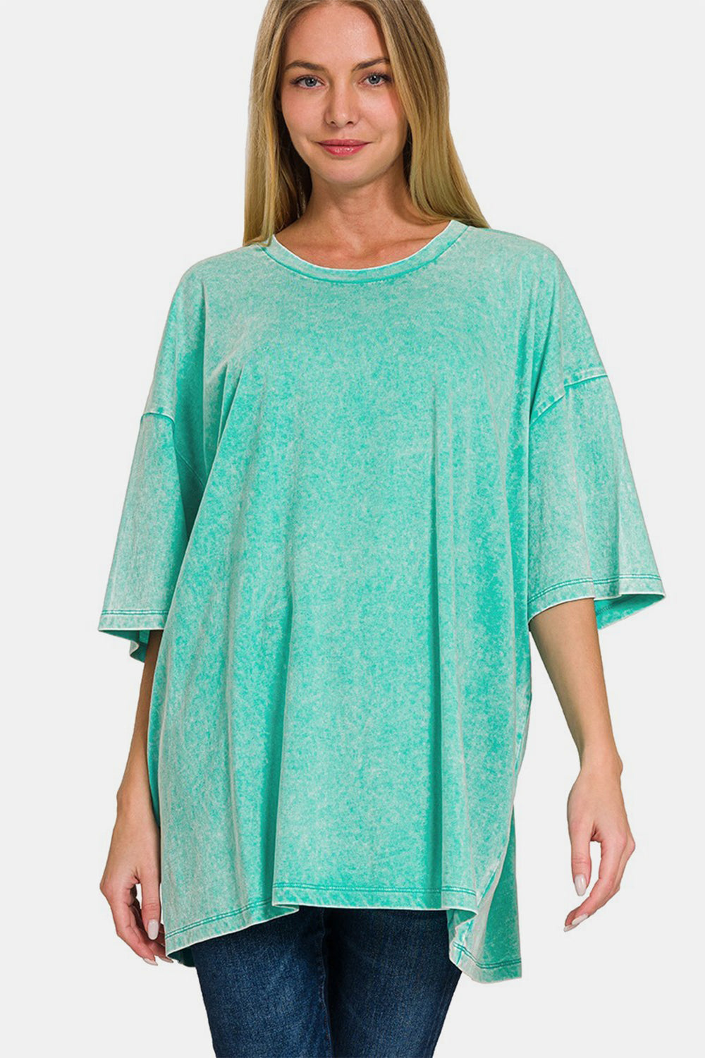 Washed Round Neck Drop Shoulder Oversized T-Shirt in Turquoise