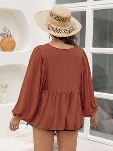 Swiss Dot Tie Neck Long Sleeve Blouse in Rust