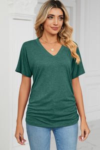 Ruched V-Neck Short Sleeve T-Shirt (multiple color options)