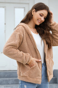 Zip Up Long Sleeve Fuzzy Hooded Outerwear (multiple color options)