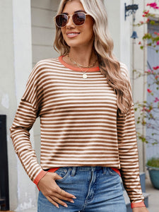 Striped Contrast Round Neck Long Sleeve Sweater (multiple color options)