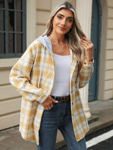 Drawstring Plaid Button Up Hooded Jacket (multiple color options)