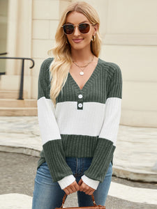 Contrast V-Neck Long Sleeve Top  (multiple color options)