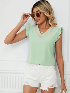 Ruffled V-Neck Cap Sleeve Blouse (multiple color options)