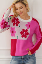 Load image into Gallery viewer, Flower Color Block Round Neck Sweater
