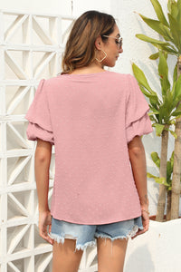 Swiss Dot V-Neck Short Sleeve Blouse  (multiple color options)