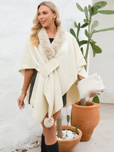 Fuzzy Trim Open Front Poncho (multiple color options)