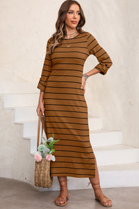 Slit Striped Round Neck Midi Dress (multiple color options)