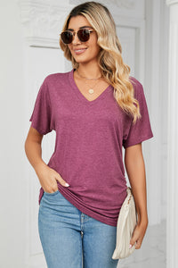 Ruched V-Neck Short Sleeve T-Shirt (multiple color options)