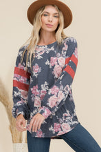 Load image into Gallery viewer, Floral Curved Hem T-Shirt with Stripe Detail
