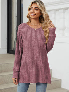 Ribbed Round Neck Long Sleeve Top (multiple color options)