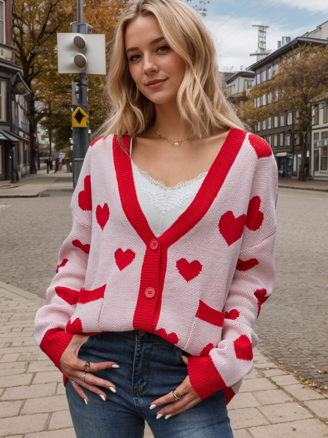 Heart Button Up Dropped Shoulder Long Sleeve Cardigan (multiple color options)