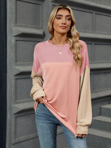 Contrast Round Neck Long Sleeve Top (multiple color options)