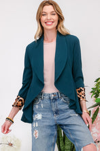 Load image into Gallery viewer, Rolled Leopard Cuff Open Front Blazer in Hunter Green
