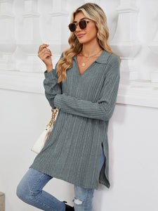 Slit Johnny Collar Long Sleeve Top (multiple color options)