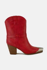 Faux Leather Metal Toe Ankle Boots in Red