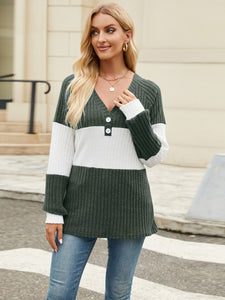 Color Block V-Neck Long Sleeve Top  (multiple color options)