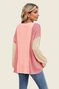 Texture Contrast Round Neck Long Sleeve Top (multiple color options)