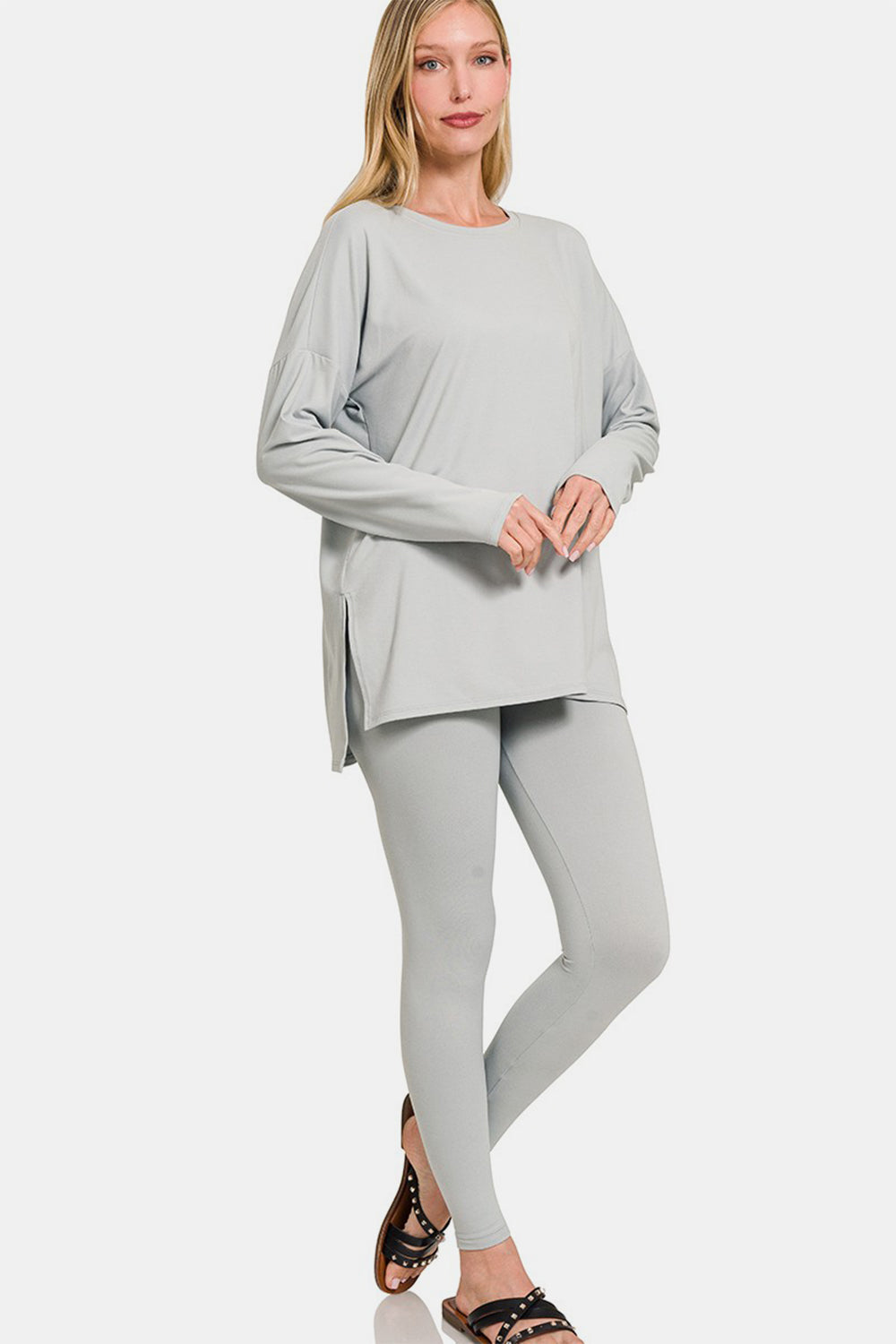 Brushed Microfiber Top and Leggings Lounge Set in Lt. Grey