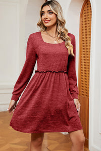 Frill Square Neck Long Sleeve Dress (multiple color options)