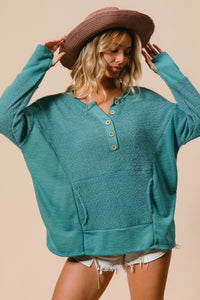 Long Sleeve Top with Kangaroo Pocket in Teal