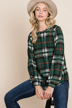 Load image into Gallery viewer, Curved Hem Plaid Round Neck Long Sleeve Top
