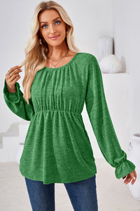 Ruched Round Neck Flounce Sleeve Blouse (multiple color options)