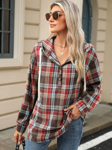 Drawstring Plaid Hooded Long Sleeve Top (multiple color options)