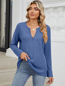 Waffle-Knit Notched Long Sleeve Top (multiple color options)