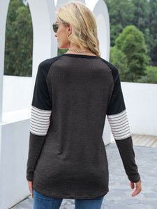 Contrast Striped Round Neck Long Sleeve T-Shirt (multiple color options)