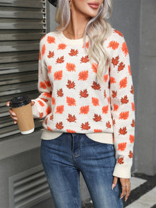 Maple Leaf Round Neck Long Sleeve Sweater (2 color options)