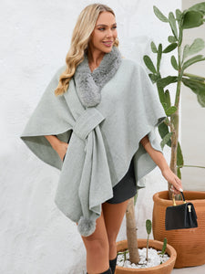 Fuzzy Trim Open Front Poncho (multiple color options)