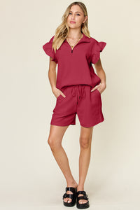 Texture Flounce Sleeve Top and Drawstring Shorts Set (multiple color options)