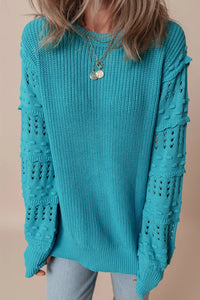 Openwork Frill Round Neck Long Sleeve Sweater