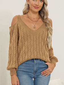 Cable-Knit V-Neck Long Sleeve Sweater (multiple color options)