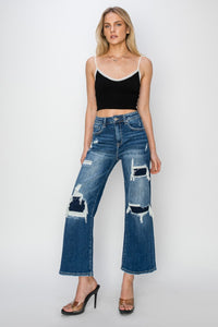 Risen  High Rise Patch Detailed Wide Leg Crop Jeans