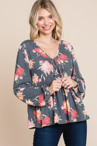 Babydoll Floral Long Sleeve Blouse in Charcoal