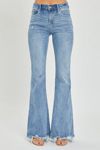 Risen High Rise Frayed Hem Flare Jeans