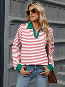 Striped Johnny Collar Long Sleeve Sweatshirt (multiple color options)