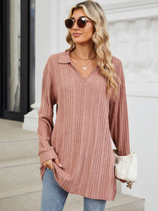 Slit Johnny Collar Long Sleeve Top (multiple color options)