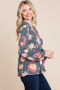 Babydoll Floral Long Sleeve Blouse in Charcoal