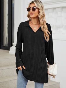 Slit Johnny Collar Long Sleeve Top (multiple color options)