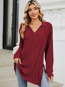 Slit Johnny Collar Long Sleeve Top (multiple color options)