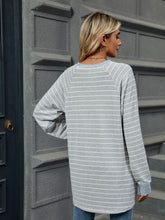 Load image into Gallery viewer, Pocketed Striped Round Neck Long Sleeve T-Shirt (multiple color options)
