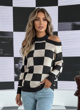 Load image into Gallery viewer, Checkmate Cold Shoulder Checkered Long Sleeve Sweater (multiple color options)
